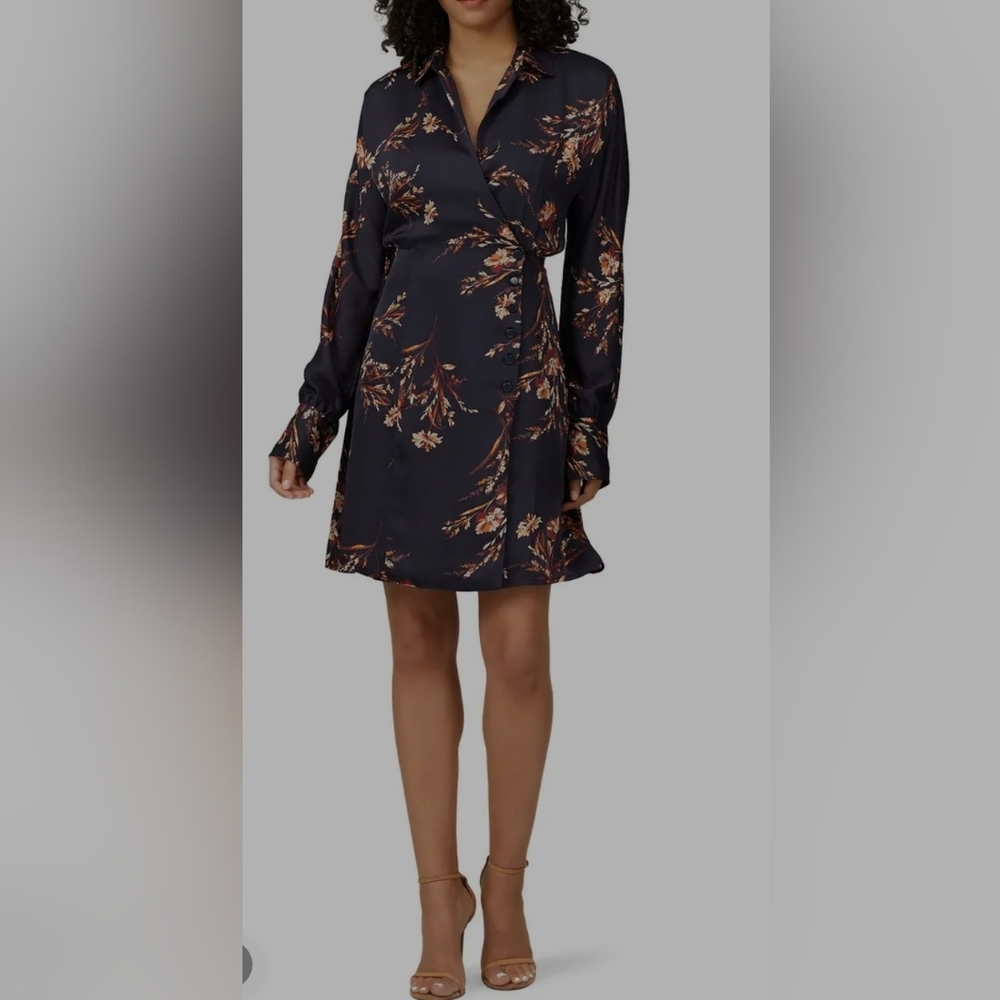 Equipment Harmon Navy Blue Floral Draped Cross-Front Long Sleeve Wrap Dress XS